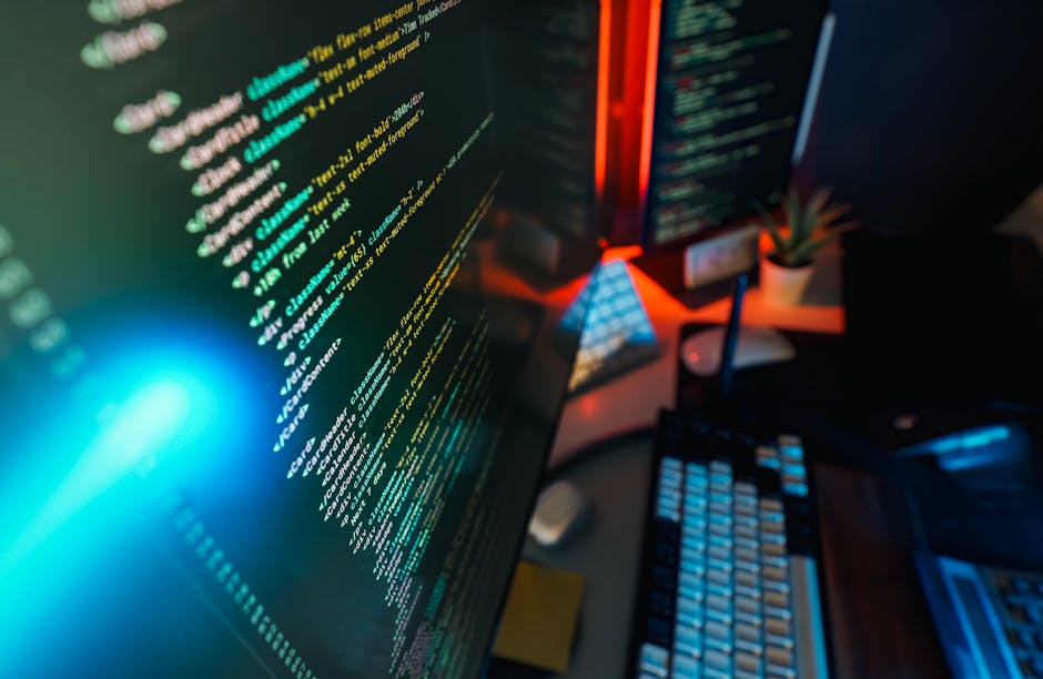 Close-up view of a computer monitor displaying lines of code in various colors on a dark background, with a blue light flare on the left side of the screen. The monitor is situated on a cluttered desk